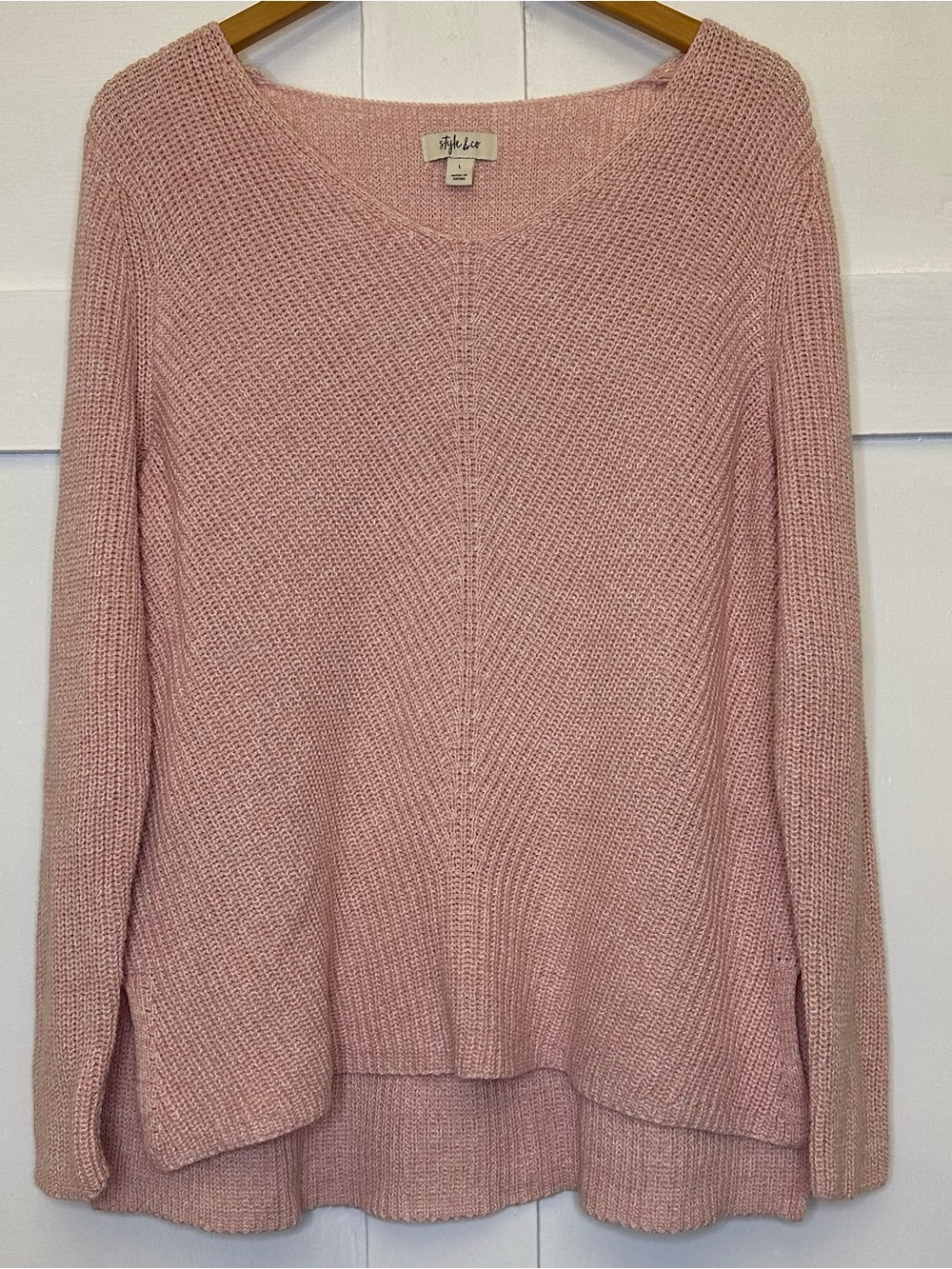 Style & Co. Women’s Blush Pink V-Neck Knit Pullover Sweater Size L